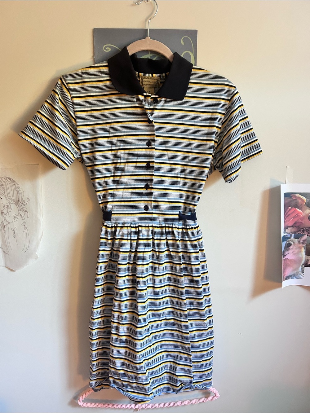 Vintage Navy & Yellow Striped 100% Cotton Button up Collared Tennis Style Dress